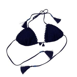 Victorias Secret Teeny Triangle Bikini Top Navy Blue Tassel Crochet Lace Size M